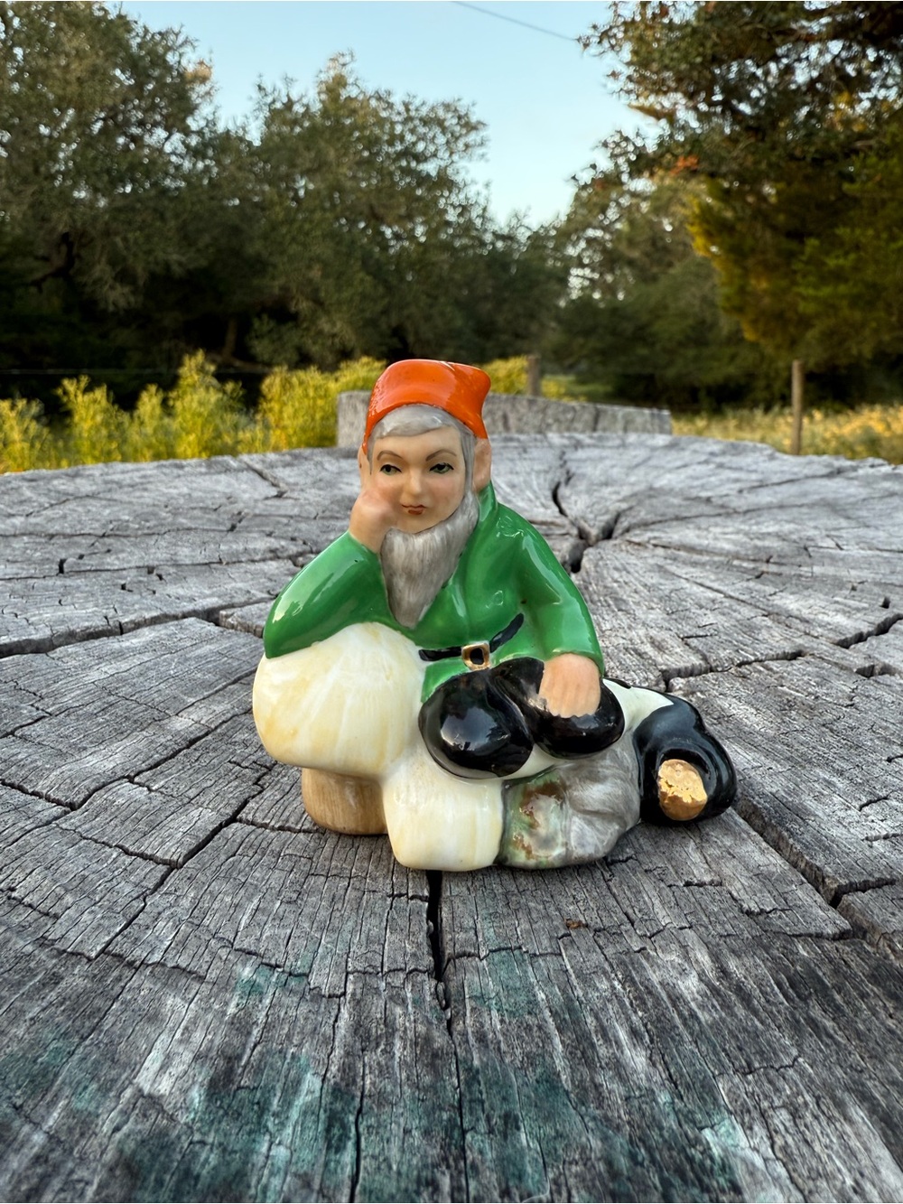 VINTAGE LEPRECHAUN ON MUSHROOM FIGURINE